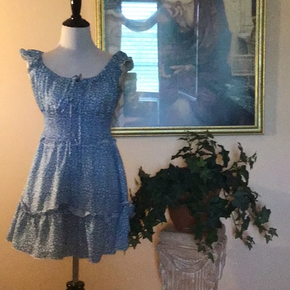 Pale blue and white design ruffled mini sundress